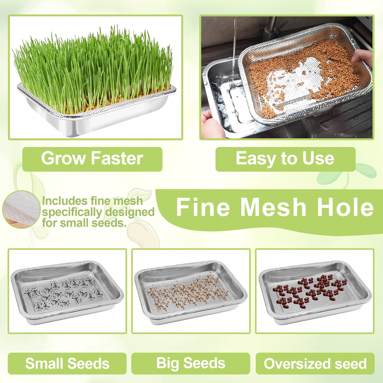 Microgreens Growing Kit 3-Tier 14 Inch Sprouting Trays | Stainless Steel Seed Sprouter with 0.3mm Encrypted Silicone