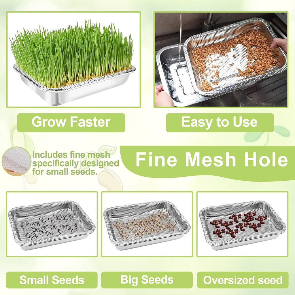 Microgreens Growing Kit 3-Tier 12.4 Inch Sprouting Trays | Stainless Steel Seed Sprouter with 0.3mm Encrypted Silicone
