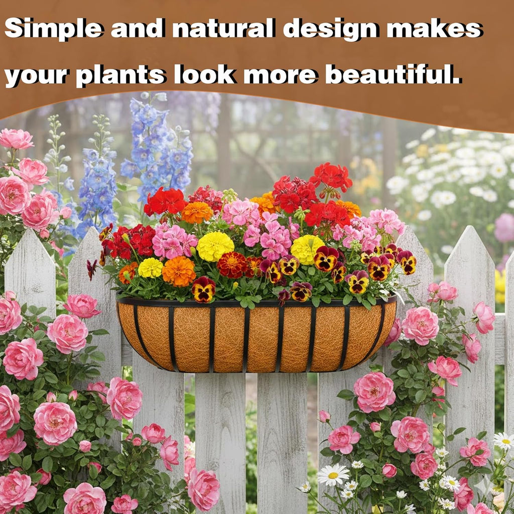 2 Pcs 24“ Railing Planter Window Box Deck Railing Planter Boxes with Coco Liner English Horse Trough Planters Metal