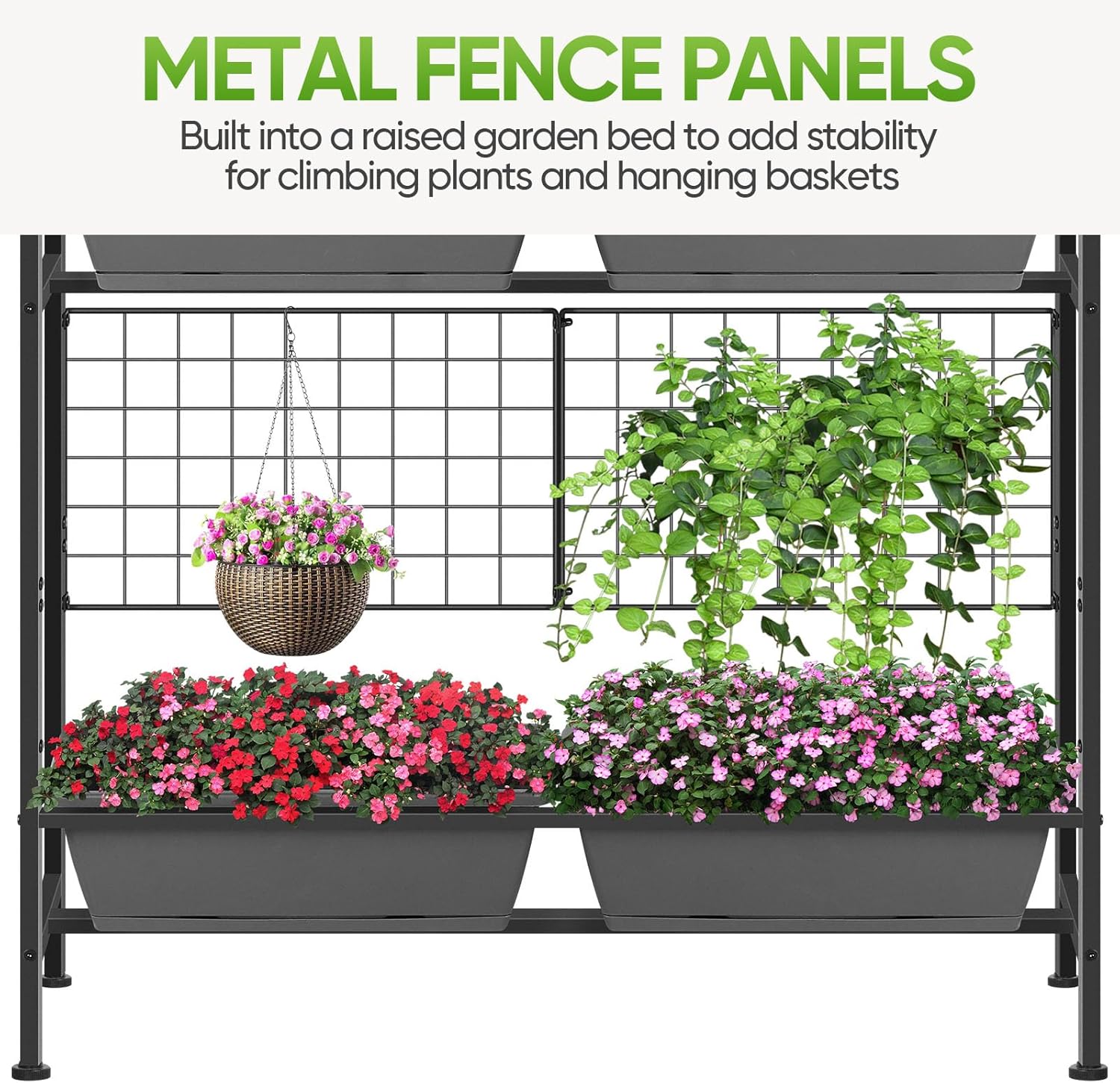 CADUKE Raised Planter Box, Plastic Raised Garden Bed with Legs, Standing Planter Box with Drainage Holes & Trellis, 32"