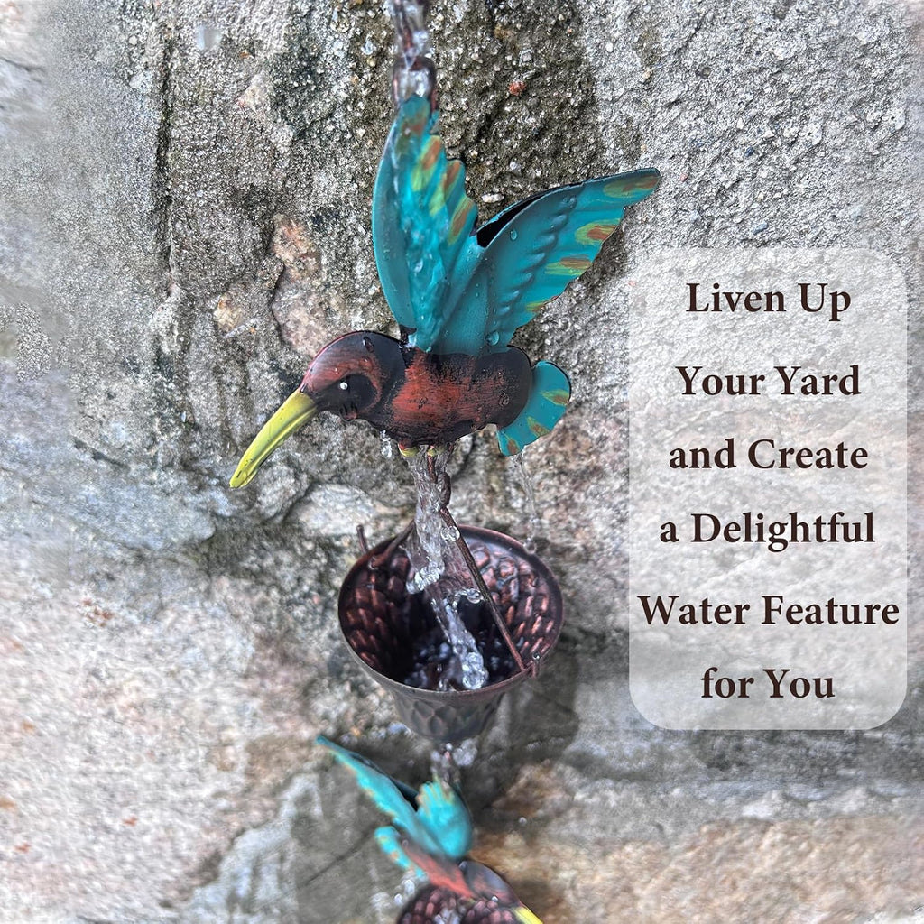 8.5FT Rain Chain, Hummingbird and Cup Rain Chains for Gutters and Downspouts | Metal Decorative Rainwater Catcher