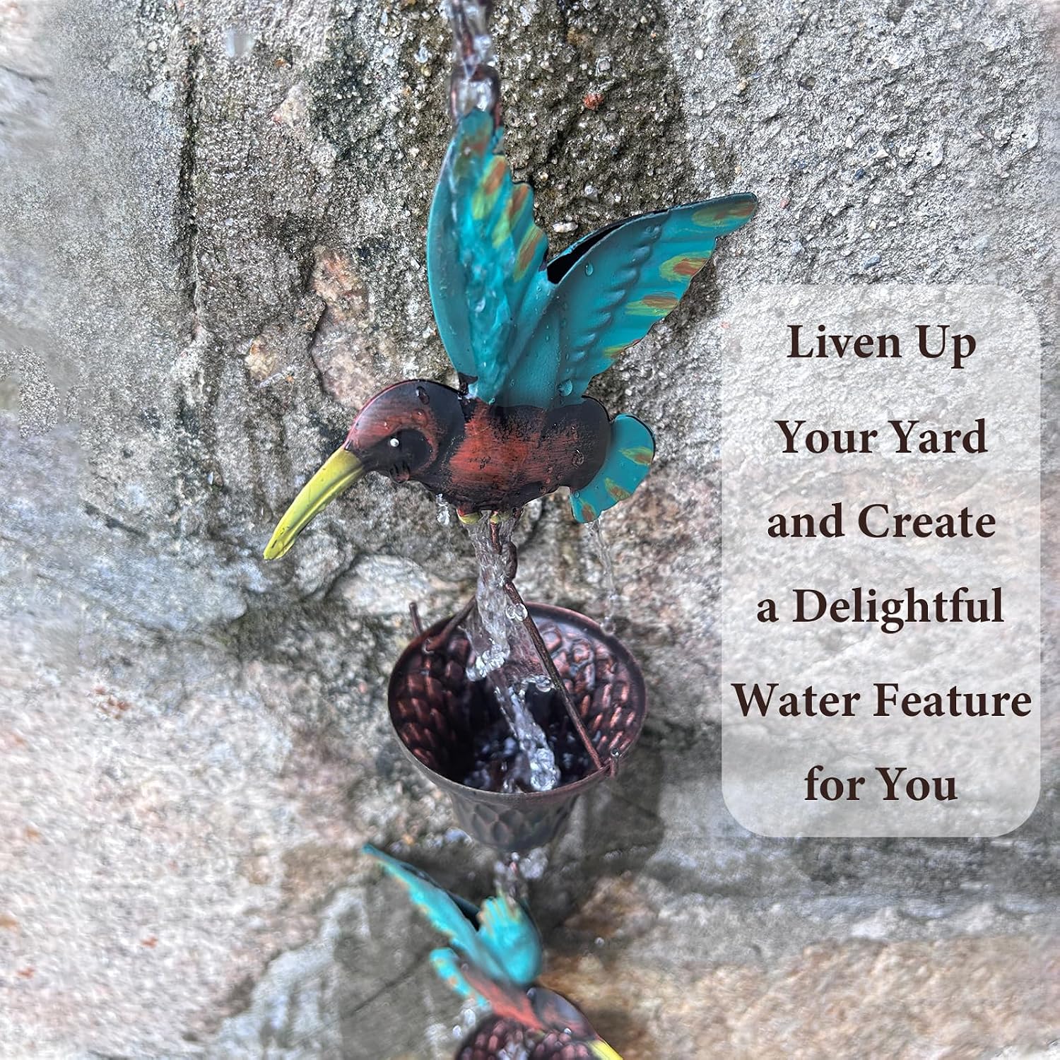 8.5FT Rain Chain, Hummingbird and Cup Rain Chains for Gutters and Downspouts | Metal Decorative Rainwater Catcher
