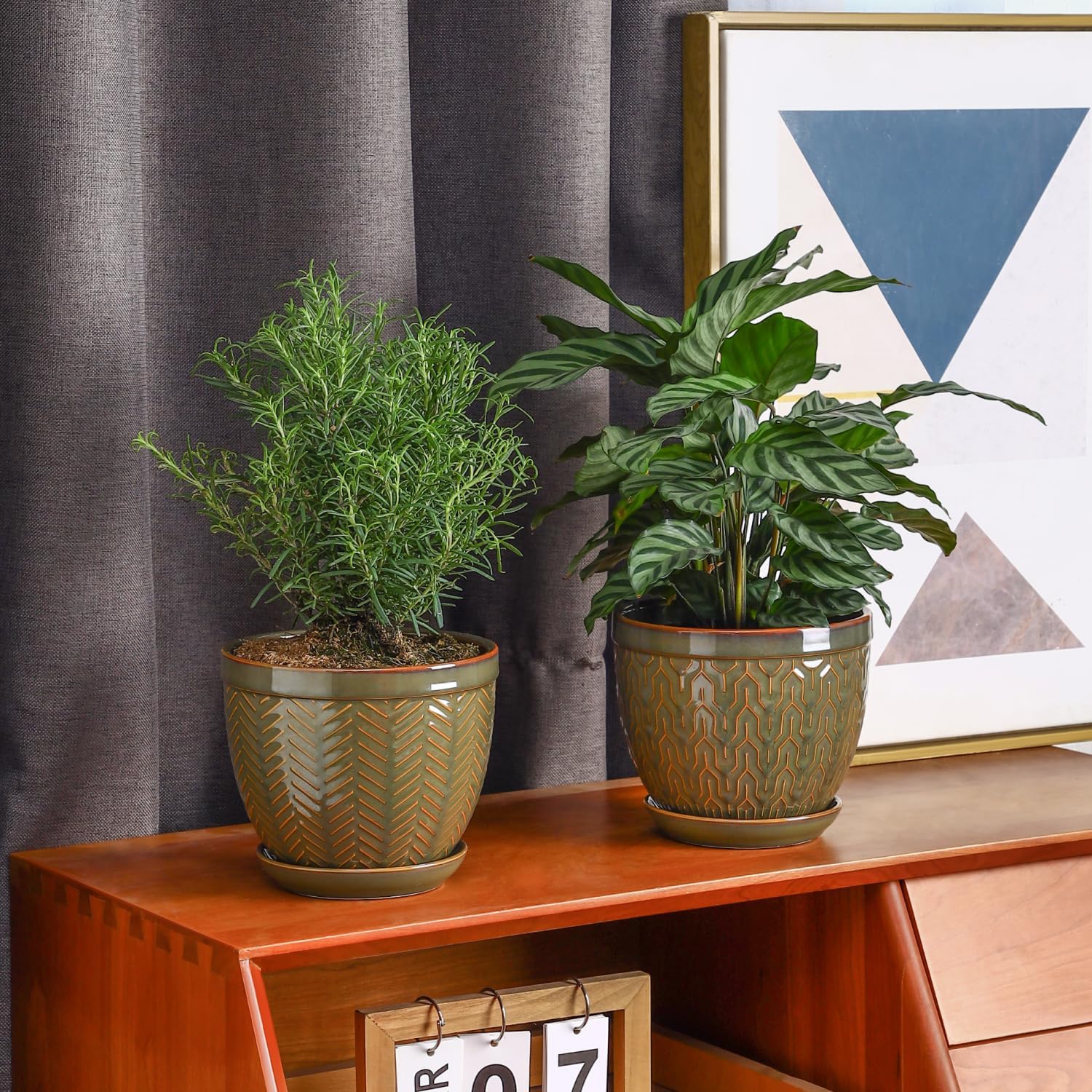 Sureasy 6.5 Inch Ceramic Plant Pots, Embossed Decorative Planters with Drainage Hole and Saucer, Modern Flower Pots for