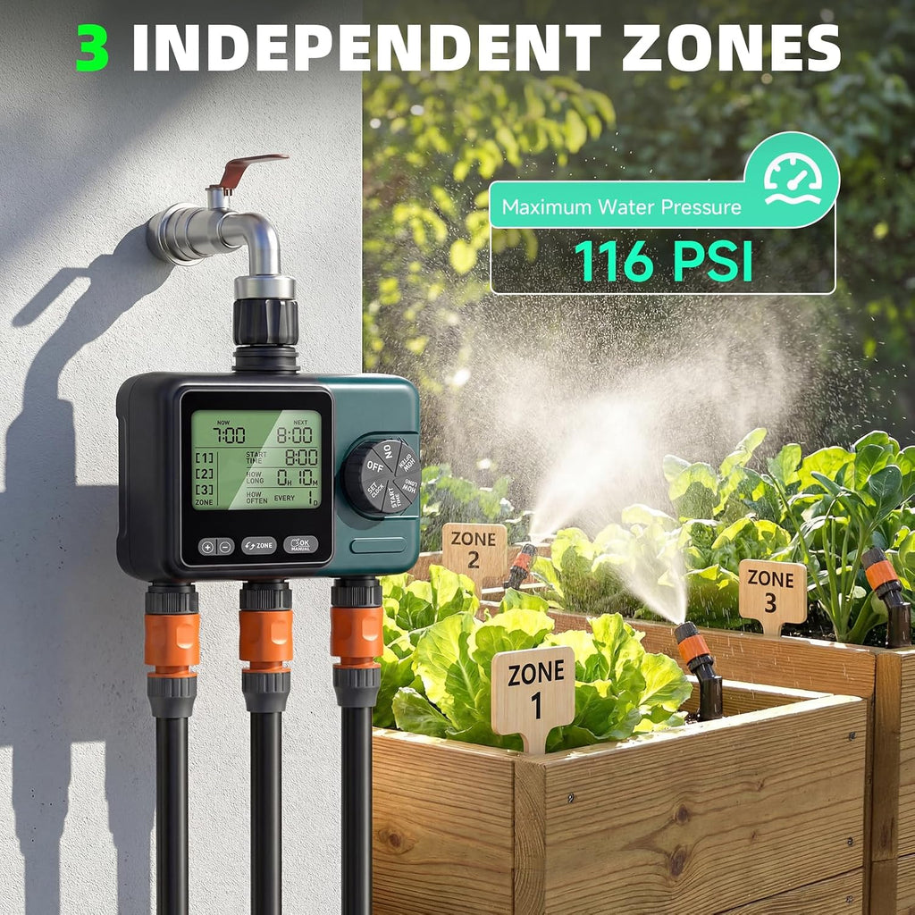3 Zone Sprinkler Timer,3 Custom Watering Plans Hose Time, IP65 Waterproof, Rain Delay Manual & Automatic Watering with