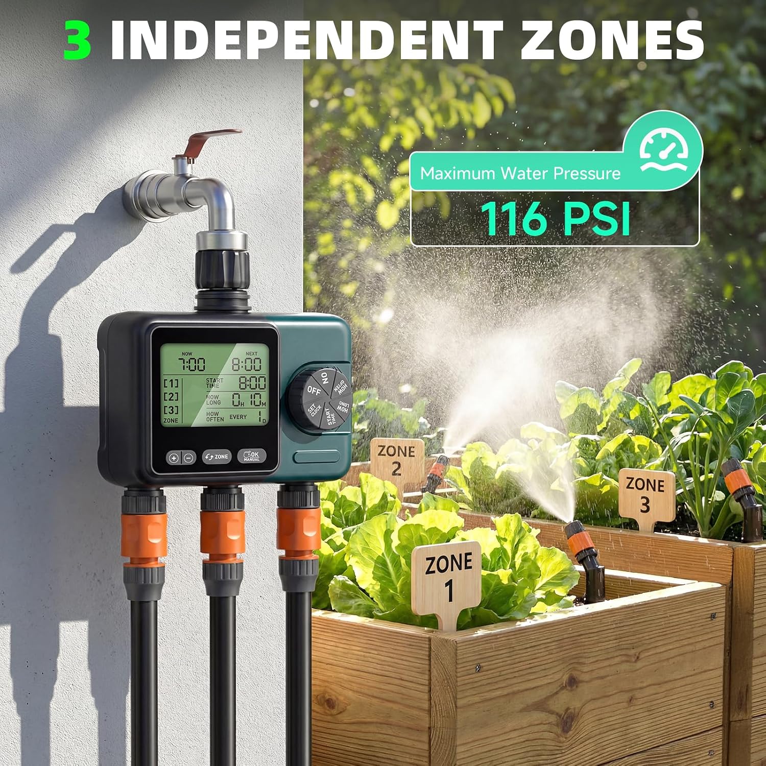 3 Zone Sprinkler Timer,3 Custom Watering Plans Hose Time, IP65 Waterproof, Rain Delay Manual & Automatic Watering with