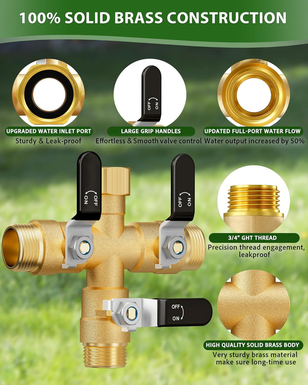 Garden Hose Splitter, 3 Way Heavy Duty Brass hose splitter, Water Hose Bib Spigot Splitter with 0.59" Full Flow Ball