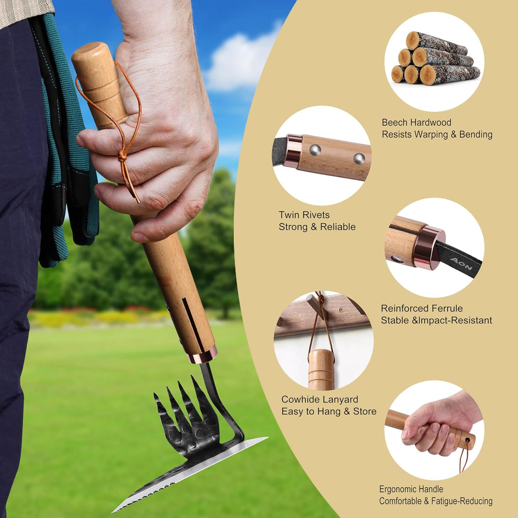 AON Japanese Weeding Sickle & Hand Hoe, 4-Tine Uprooting Garden Tool | Forged steel sharp edge, 4 curved tines &