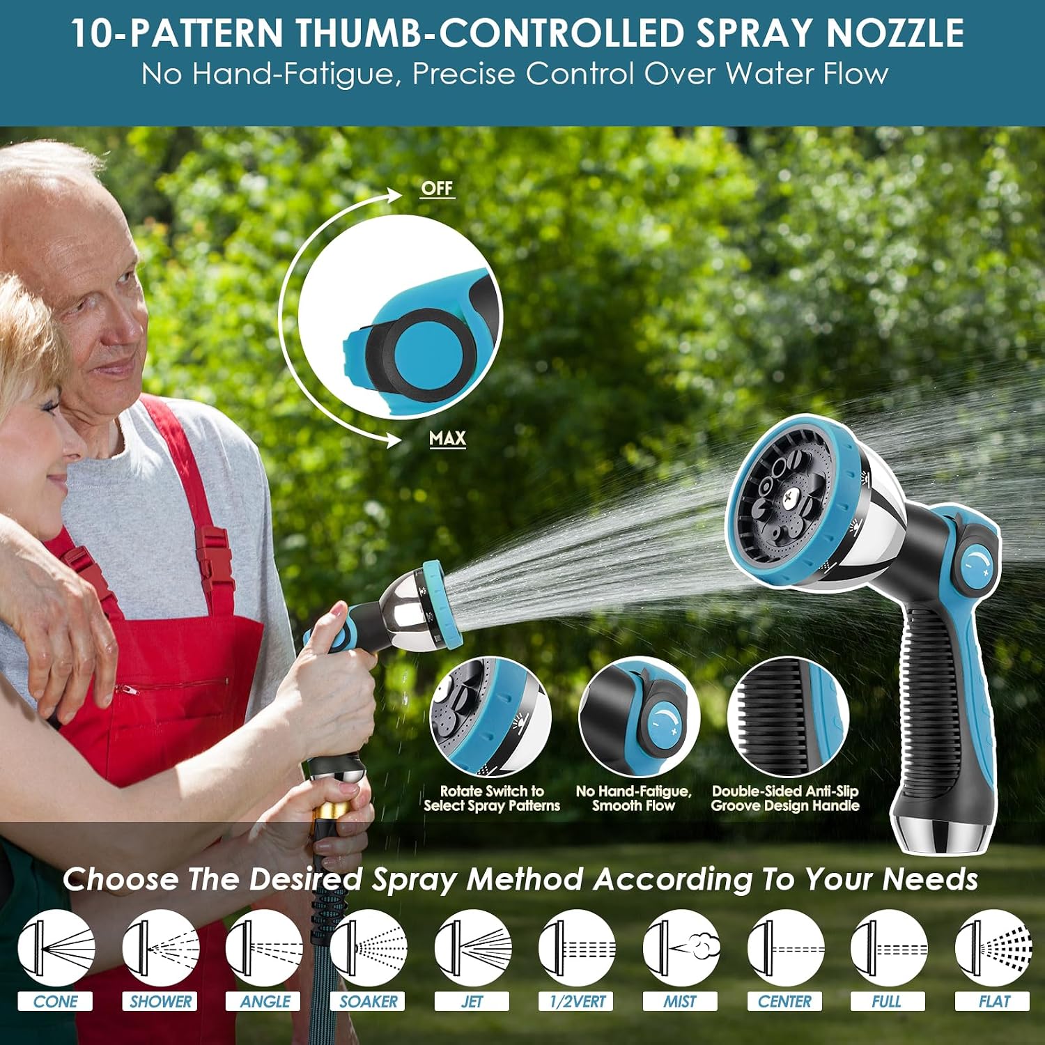 50ft Non-Expanding Garden Hose with 360° Swivel & Valve, Blue | Lightweight, Anti-Kink, Flexible & Leakproof Design