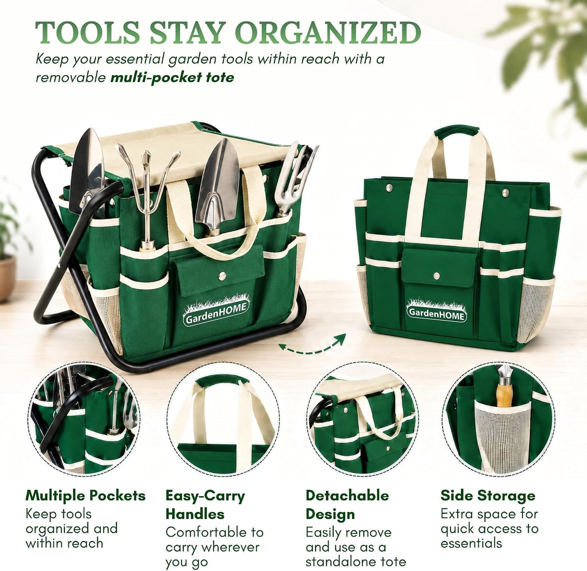 7-Piece Gardening Tool Set with Folding Stool and Storage Tote Bag, Stainless Steel Garden Tools with Wooden Handles