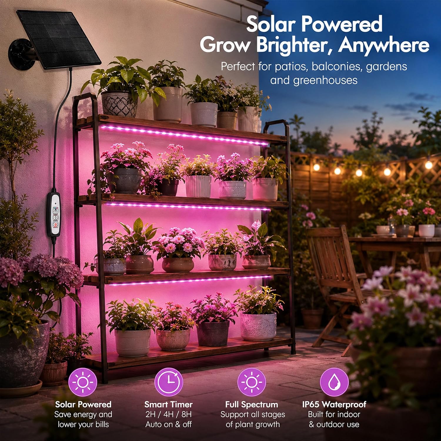 16.4FT Solar Grow Light Strip for Indoor Outdoor Plants | with Full Spectrum LED Waterproof Plant Growing Lights &