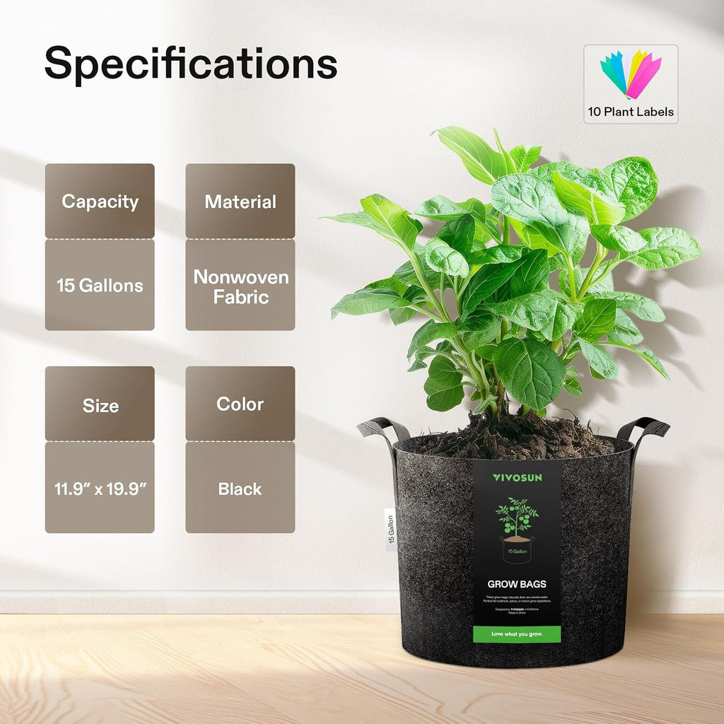 VIVOSUN 5-Pack 15 Gallon Plant Grow Bags Fabric Pots with Handles | 300G Thickened Nonwoven Fabric, Excellent Drainage