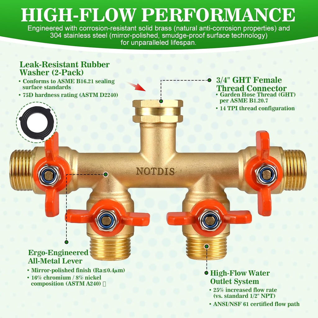 4 Way Brass Hose Splitter Full Flow with Metal Handle - Heavy Duty Spigot Splitter with Shut Off Valve, 3/4" GHT Garden