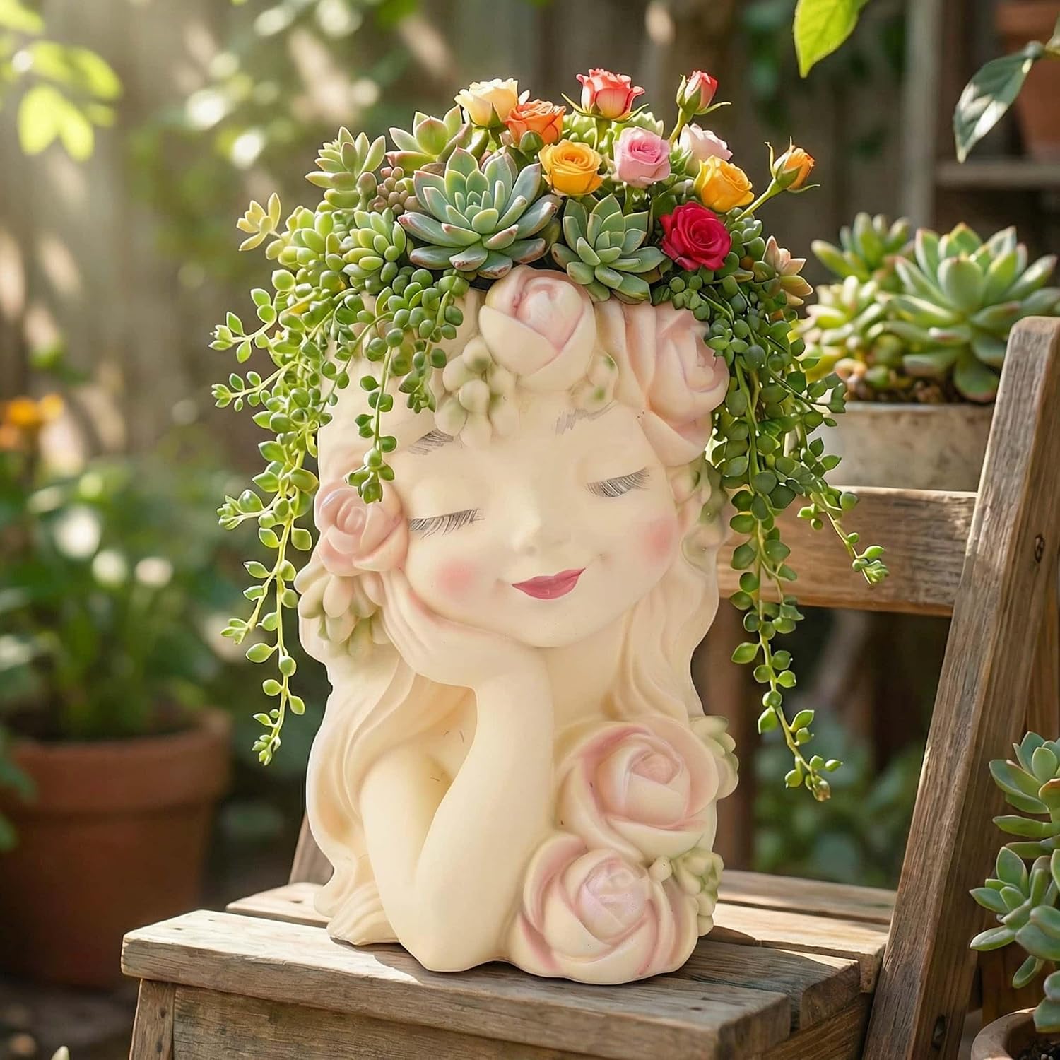Decorative Garden Fairy Head Planter - Resin Flower Pot, Succulent Planter Holder, Tall Face Planters Pots, Phrenology