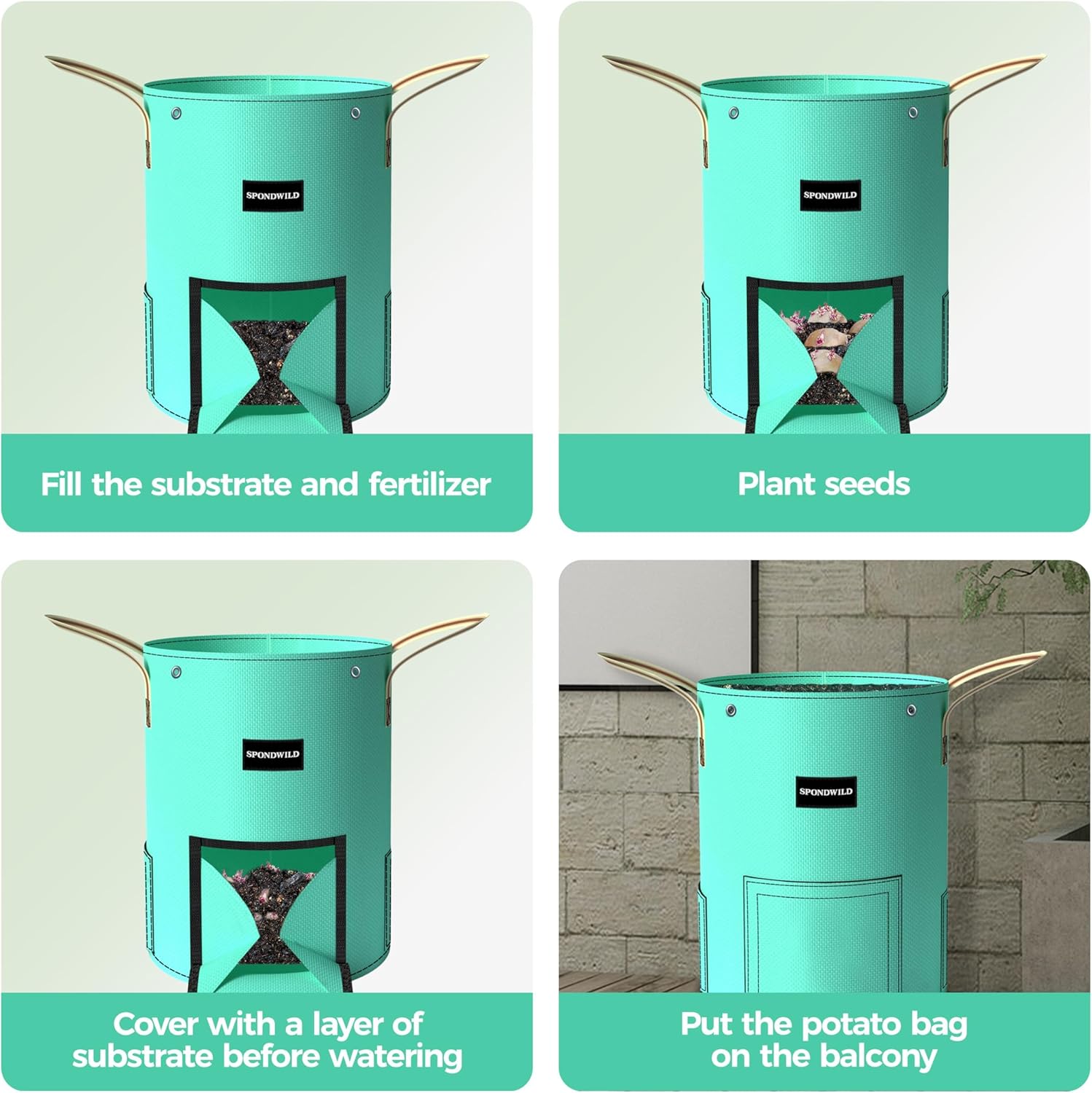 4 Pcs 15 Gallon Potato Grow Bags with Harvest, Breathable Window | Anti-evaporation PE Garden Planter Bag with 2