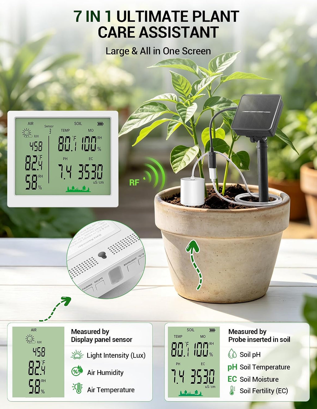 7-in-1 Wireless Soil Test Kit, Solar Powered Soil Moisture Meter with Expandable Probes, Soil pH Tester for