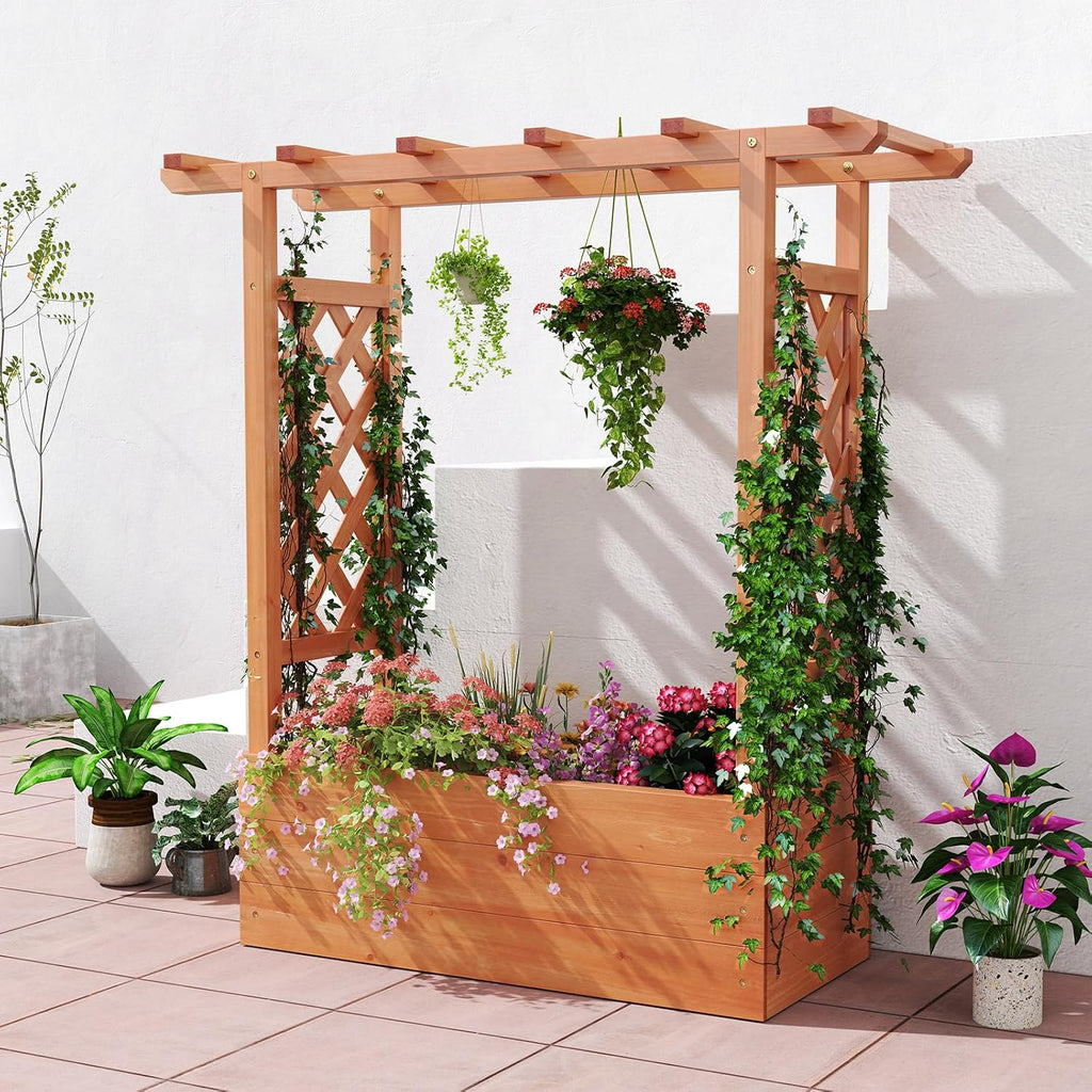 HAPPYGRILL Raised Garden Bed with Trellis & Hanging Roof, Drainage Holes | Wooden Elevated Planter Box w/Removable