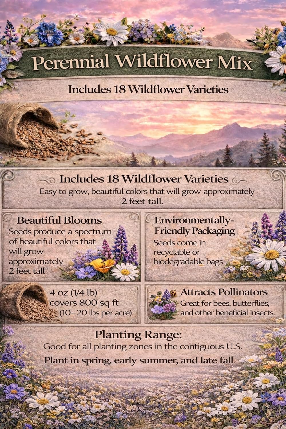 All US Zones All Perennial Wildflower Seed Mix 1/4 Pound Covers 500 sqft Non-GMO Includes Drought Tolerant Species