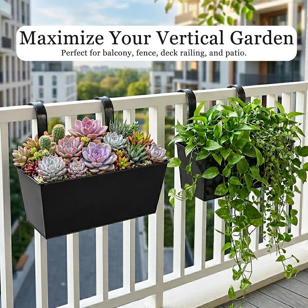 6 Pack 12" Outdoor Metal Balcony Fence Railing Planters, Rectangular Black | Detachable hooks, Drainage holes