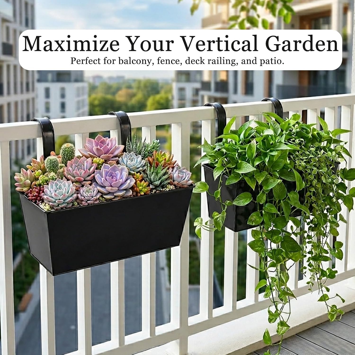 6 Pack 12" Outdoor Metal Balcony Fence Railing Planters, Rectangular Black | Detachable hooks, Drainage holes