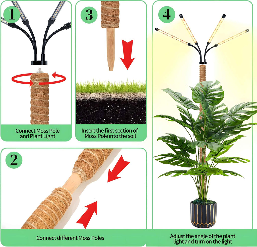 Grow Lights with Moss Pole for Indoor Plants, Full Spectrum LED Plant Light with Auto 3/9/12H Timer, Adjustable Height