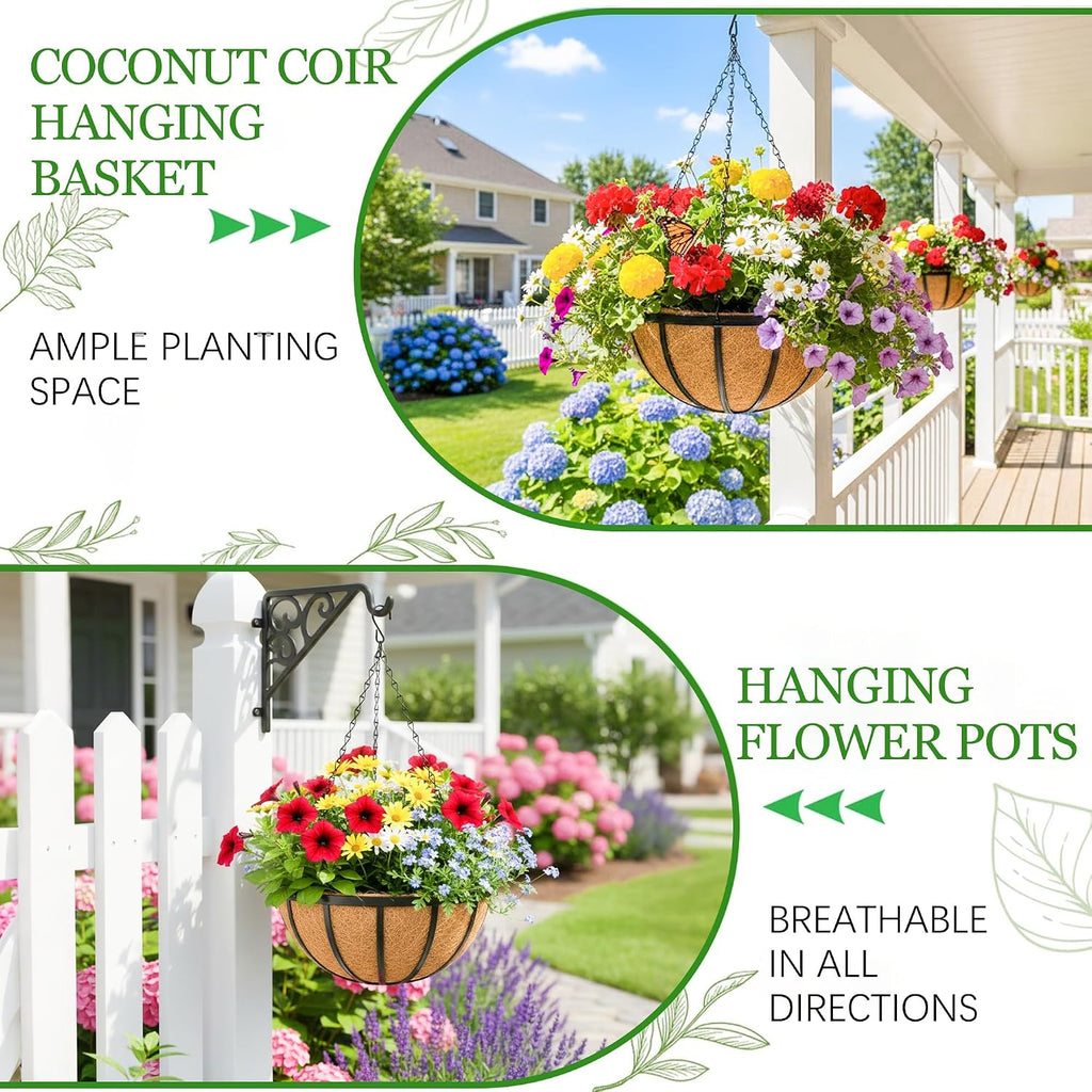 Hanging Planters for Outdoor Plants 4 Pack 14 inch Metal Hanging Flower Basket with Coco Coir Liner Wire Plant Holder