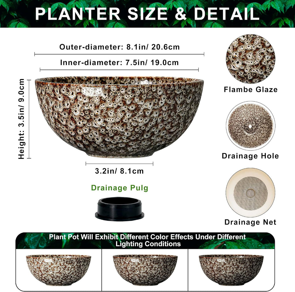 Bowl Planter, 8 Inch Ceramic Succulent Pots, White Leopard | Round Bonsai Pots for Indoor Plants Outdoor, Flower Bowl