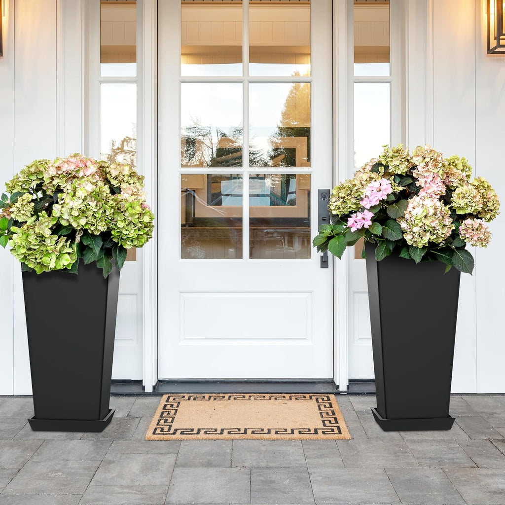 TUYOHW 24-Inch Tall Planters for Outdoor Plants, Set of 2, Black | Square tapered plastic planters with drainage trays