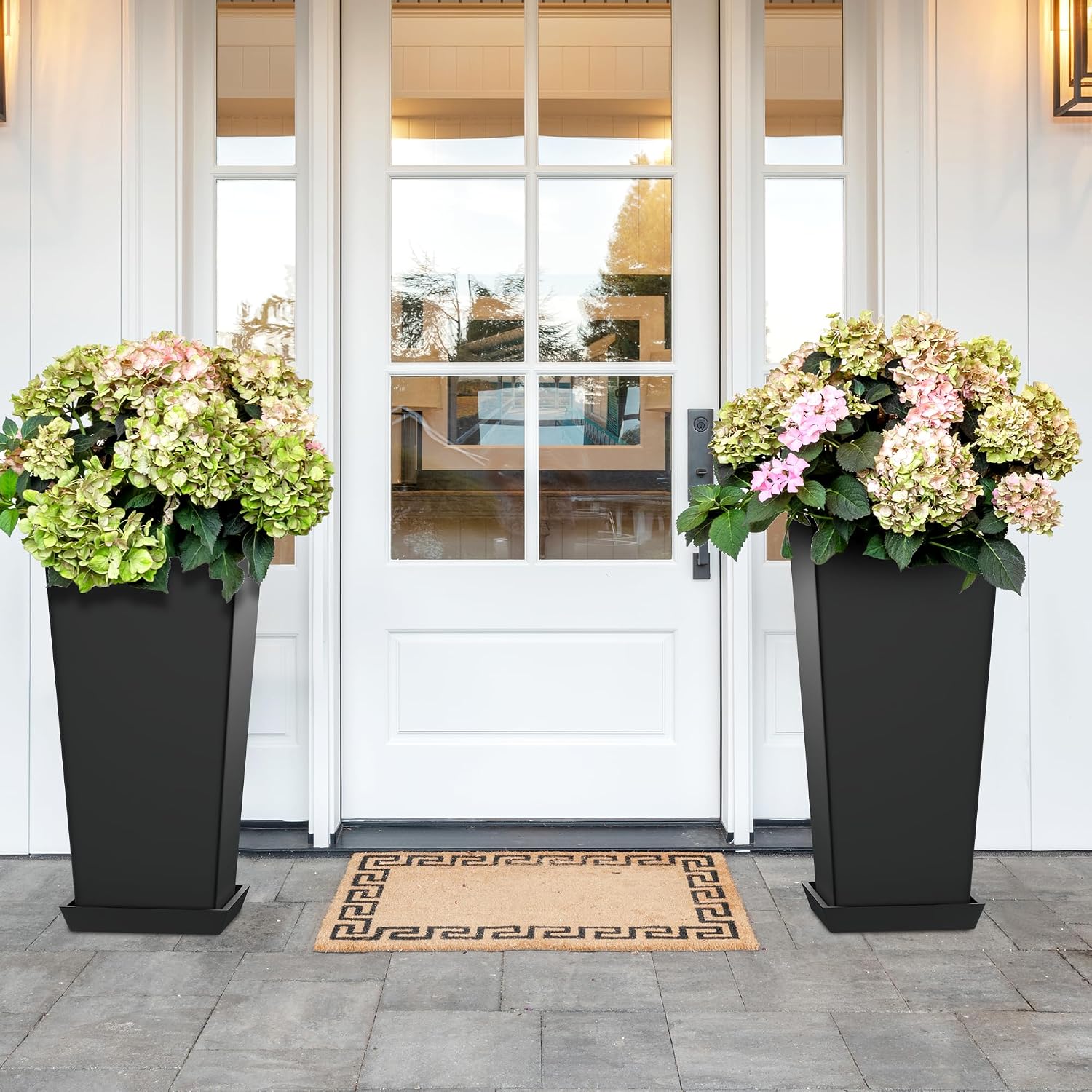 TUYOHW 24-Inch Tall Planters for Outdoor Plants, Set of 2, Black | Square tapered plastic planters with drainage trays