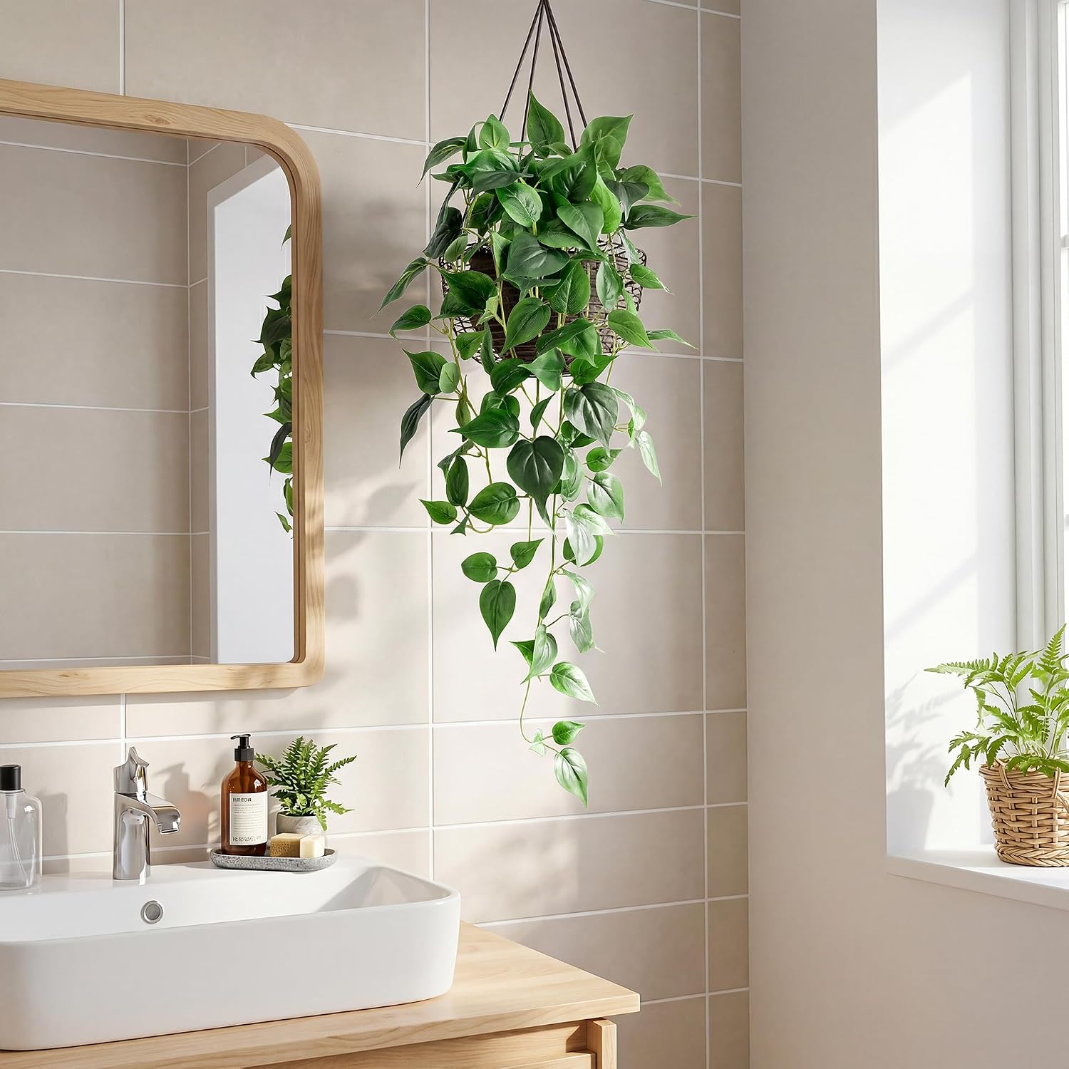 Fake Hanging Plants with Pots - Realistic Artificial Plant for Indoor Outdoor, 33In Silk Fake Potted Plants, 2PC Faux