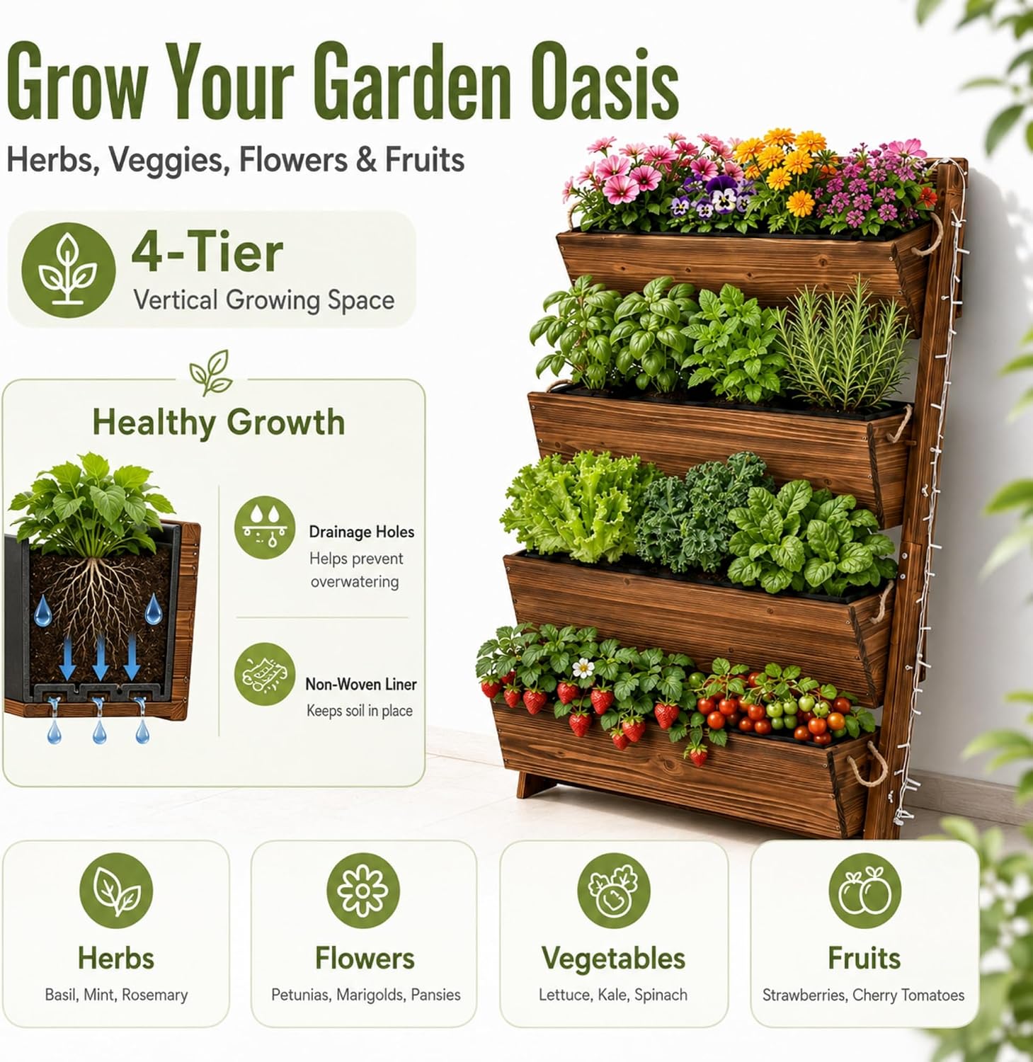 51" 4-Tier Vertical Garden Planter with LED Lights | Wooden Raised Garden Bed for Outdoor Herbs & Flowers, Wall-Leaning