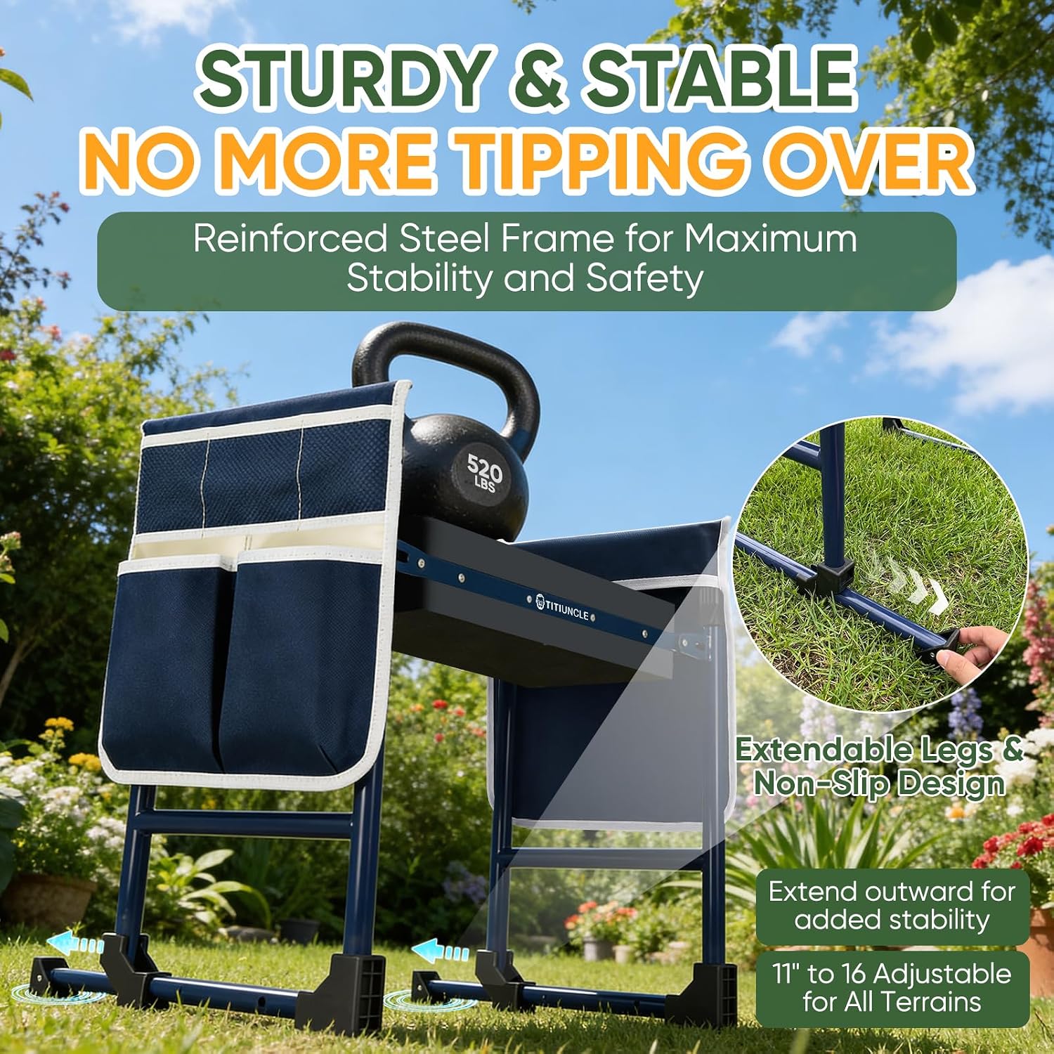 Garden Kneeler and Seat, Foldable Heavy Duty w/Soft Kneeling Pad | Anti-Tip Gardening Bench Stool with Wider Thickened