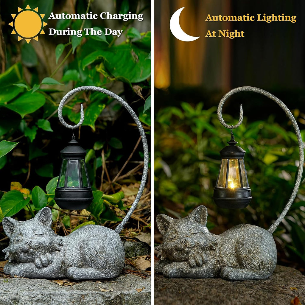 WSgift Outdoor Cat Figurine Garden Statue with Solar-Powered LED Light 13.77 Inches Tall Gift Garden Statue Decor for
