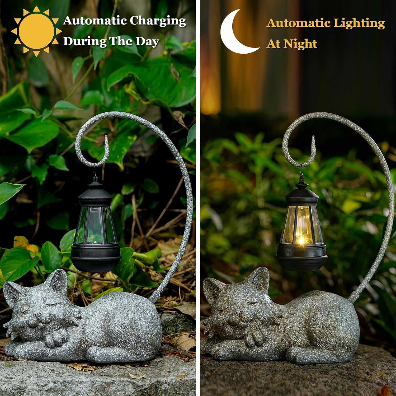 WSgift Outdoor Cat Figurine Garden Statue with Solar-Powered LED Light 13.77 Inches Tall Gift Garden Statue Decor for