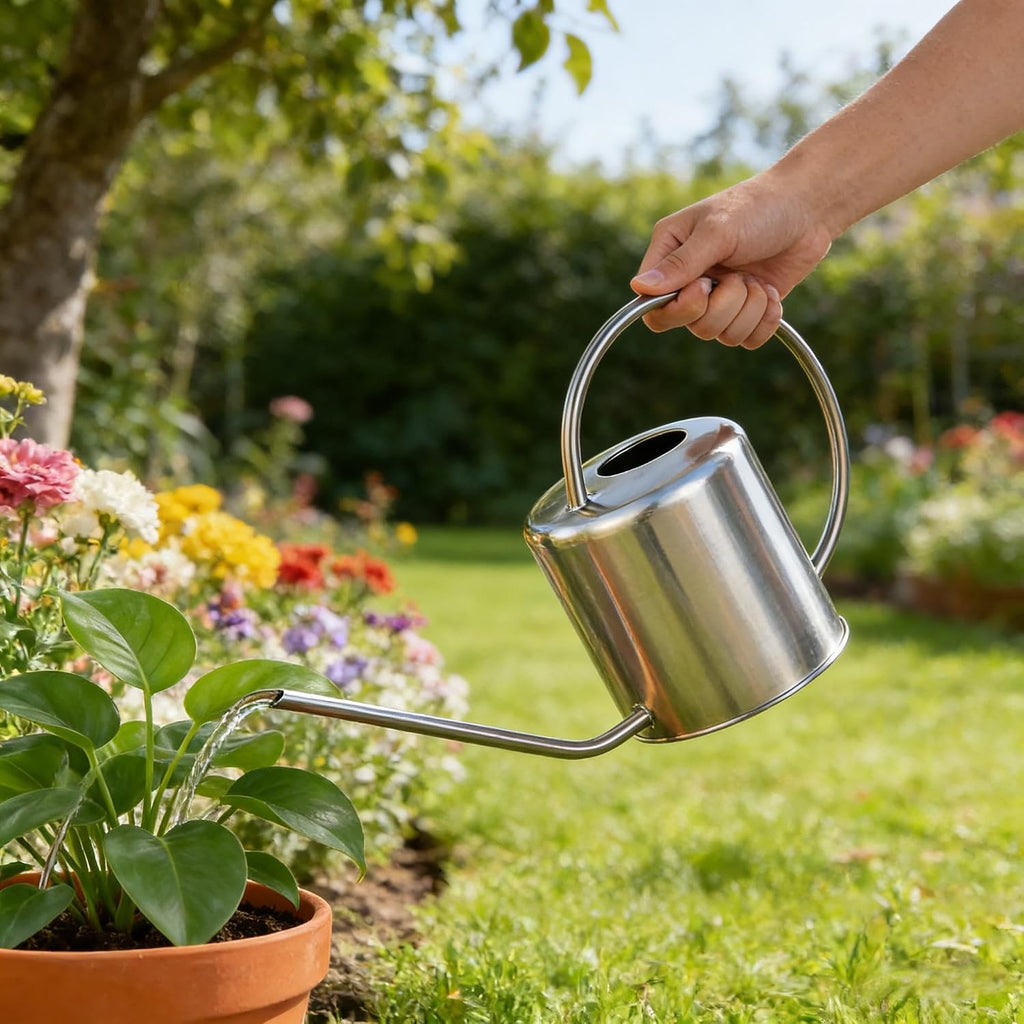Fasmov 51 Oz Stainless Steel Watering Can Modern Style Watering Pot, Watering Can with Long Spout for Easy Pour, Water