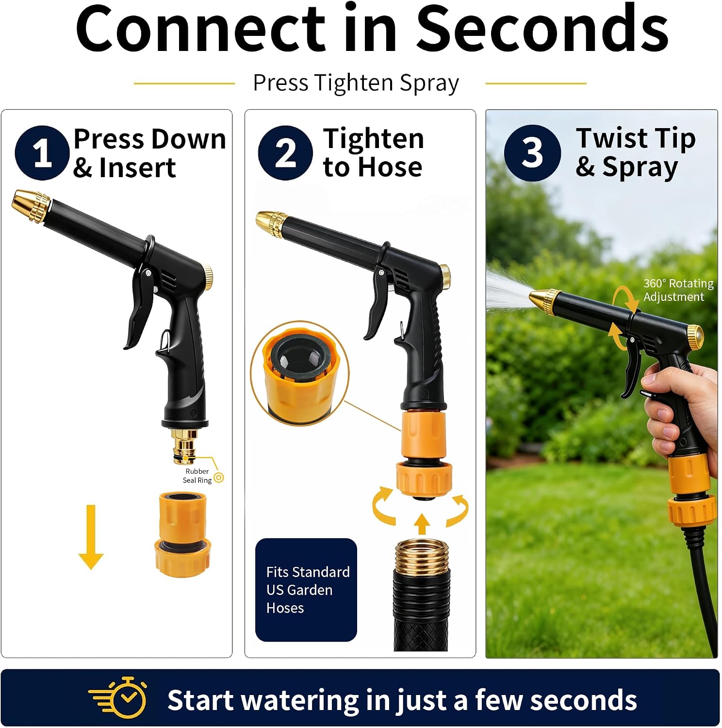 Garden Hose Spray Gun Kit, High Pressure Hose Nozzle with Connector Set | Garden Hose Nozzle with 2 Hose Quick Connect