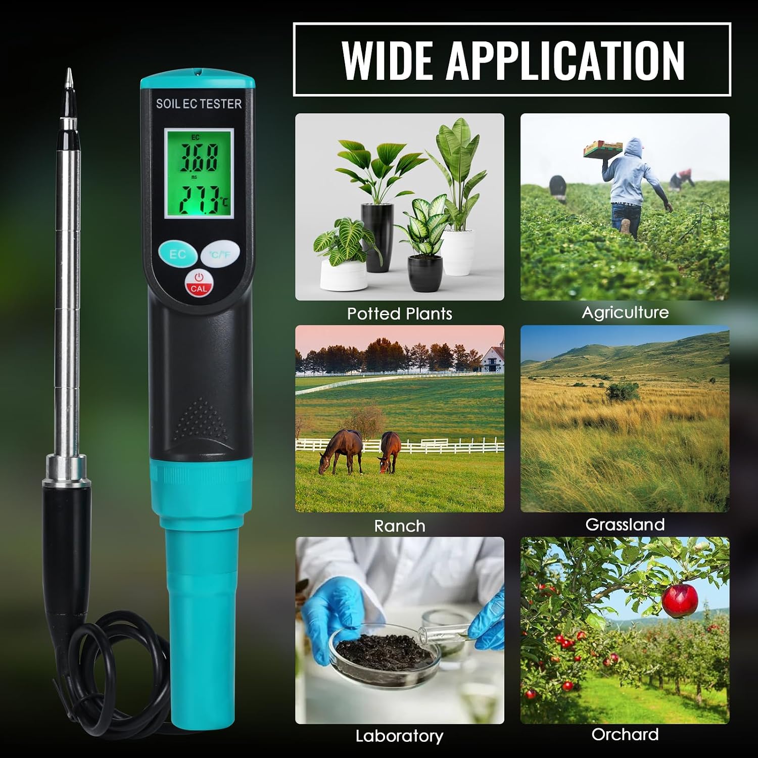 Soil EC & Temperature Meter, 2-in-1 Waterproof Digital Soil Tester with ATC, High Accuracy EC Sensor for Soil