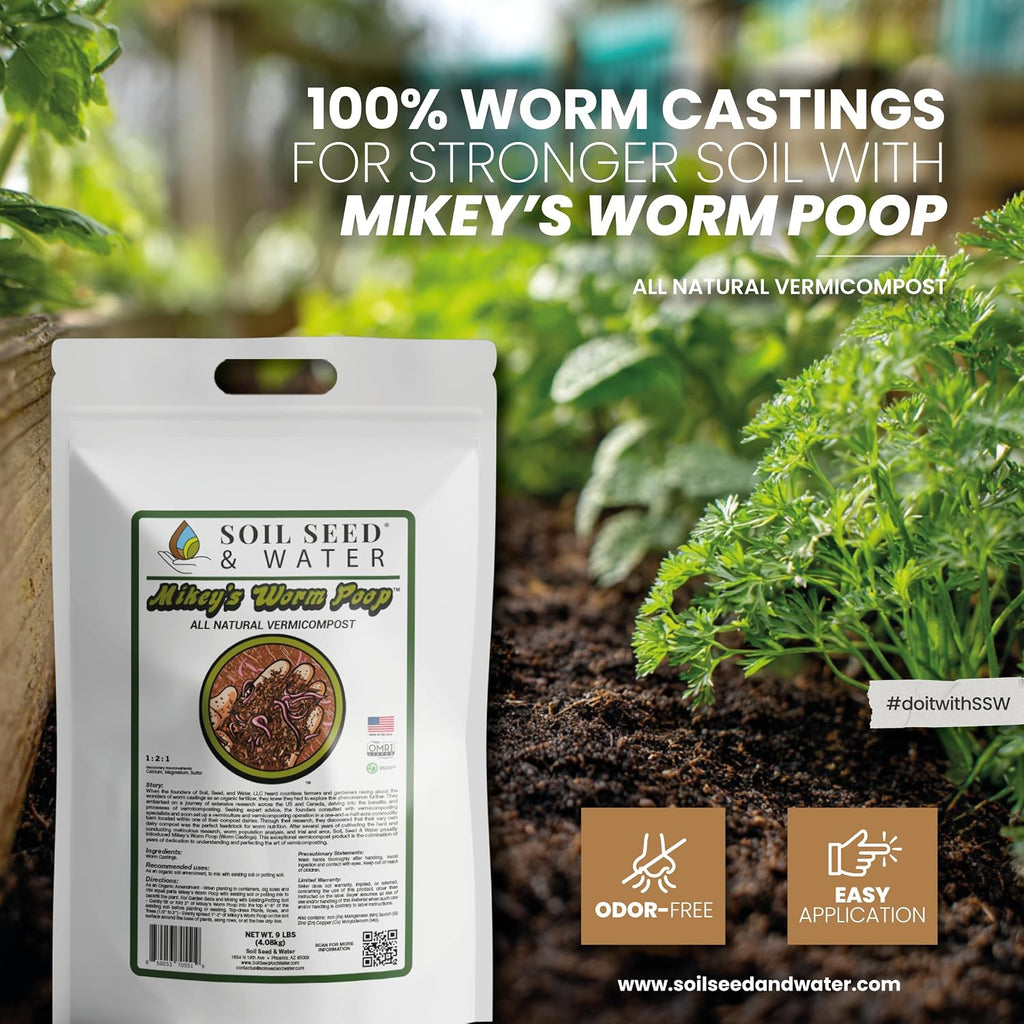 Soil Seed & Water Mikey’s Worm Poop – Organic Dairy Vermicompost Fertilizer Worm Castings for Gardens, Potted Plants &