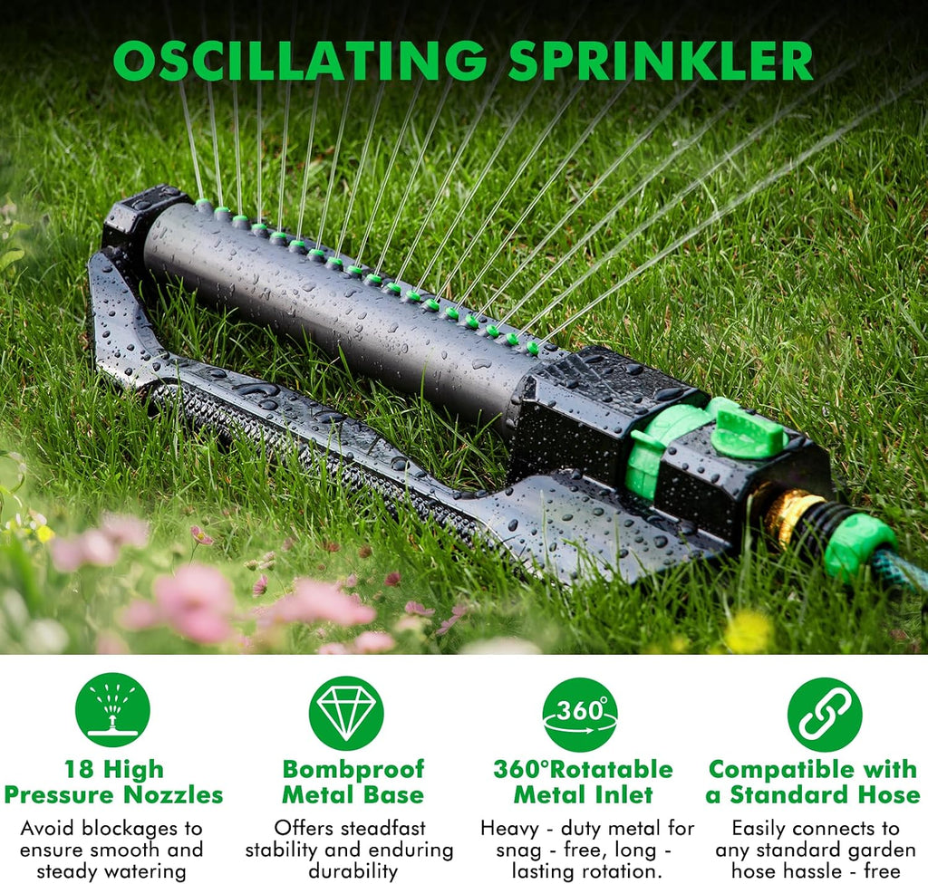 RESTMO Oscillating Sprinkler with Metal Base, Lawn Sprinklers for Yard | 18 Precision Nozzles, Adjustable Flow Control