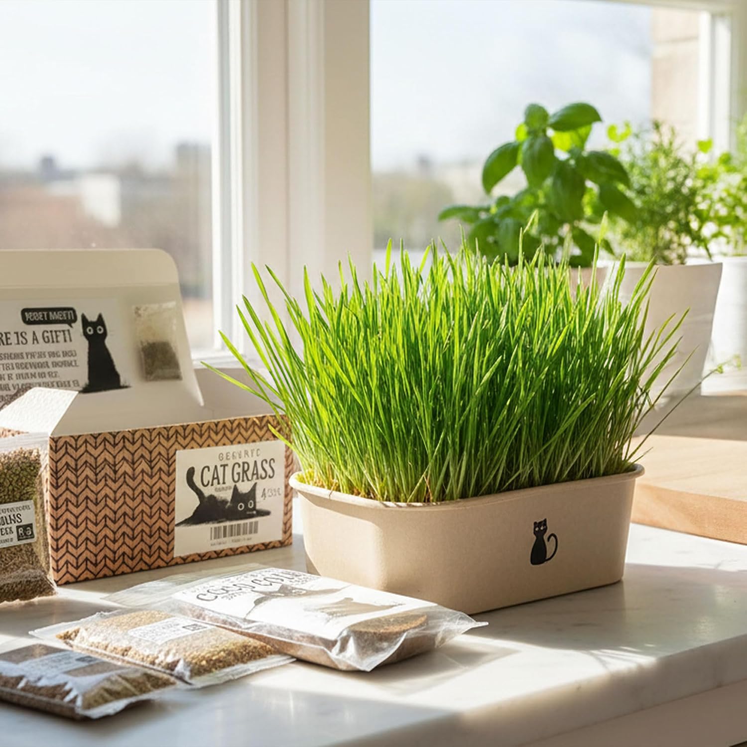 Cat Grass Grow Kit — 4-Batch Indoor Growing Set with Containers, Soil Disks & Seeds | Supports Digestion & Hairball
