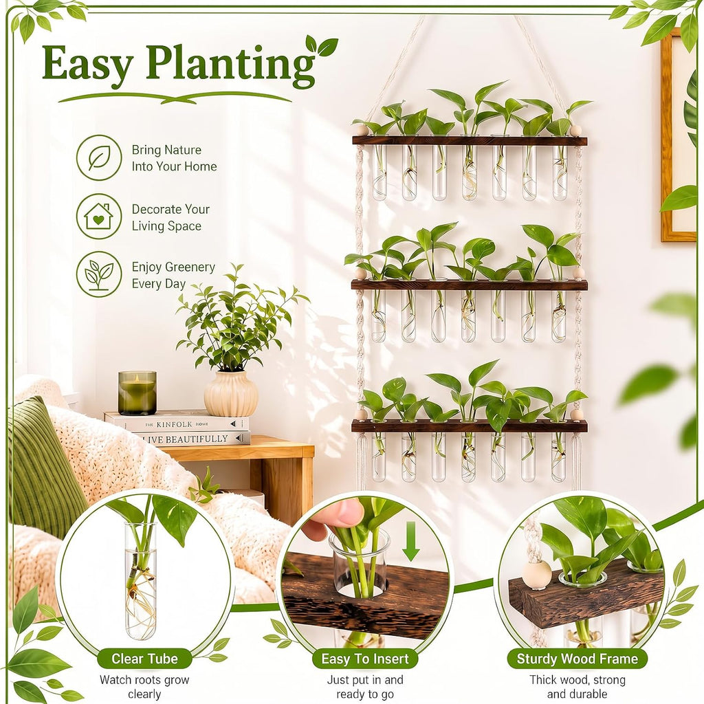 Hushee 3 Tiered Macrame Plant Propagation Station Wall Hanging with Wooden Stand and 21 Tubes, Planters Wall Hanging