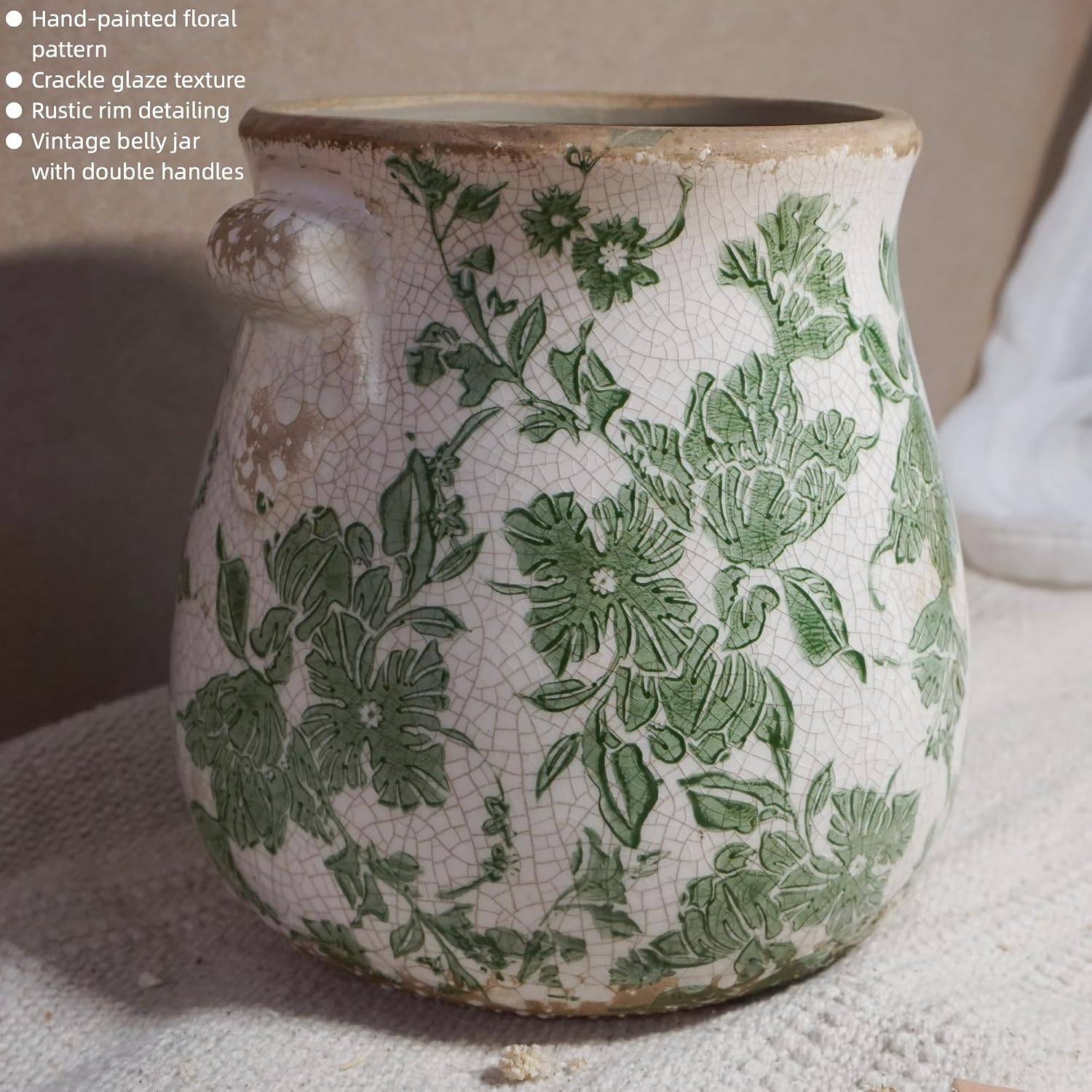 Vintage Green and White Ceramic Floral Vase Planter, Rustic Crackle Glaze Pottery Jar, Hand-Painted Floral Pot Design