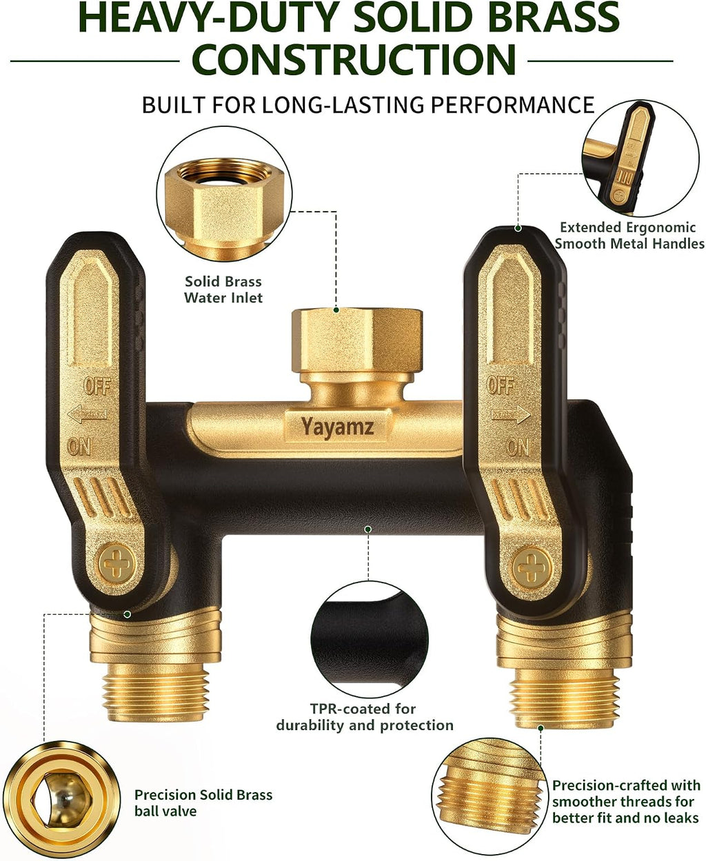 Garden Hose Splitter 2 Way, Heavy Duty Metal Water Hose Spigot Splitter | Shut Off Valves,3.6" Easy-Turn Handles,Full