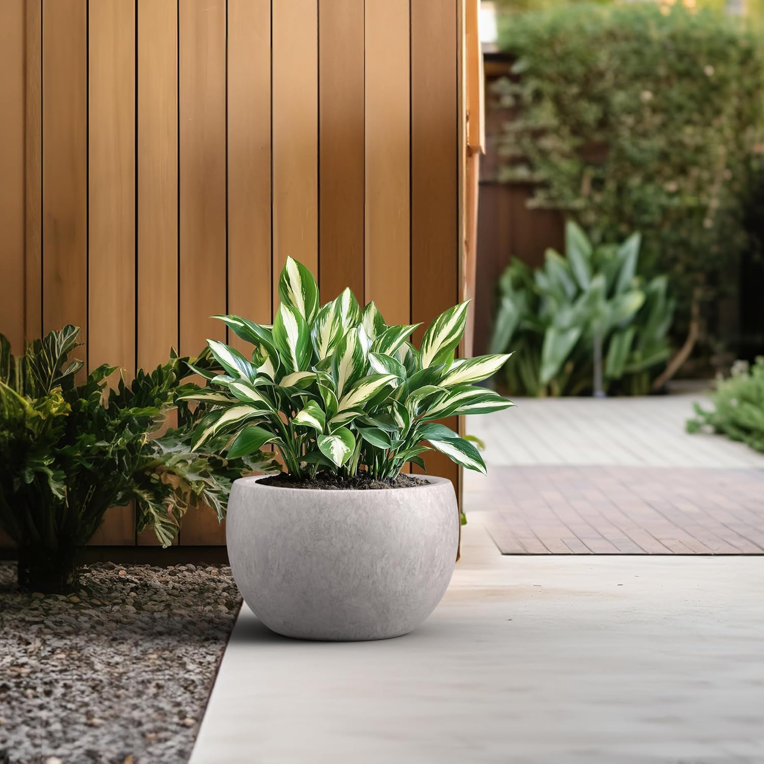 Kante Accent Round Bowl CON Gray Concrete Planter 15.7" Dia, Outdoor | Rubber Plug for Indoor, Drainage for Garden