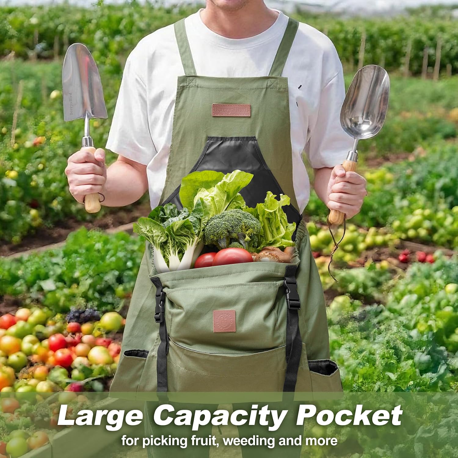 Berry&Bird Harvest Apron, Canvas Gardening Apron with Pockets and Harvesting Pouch Waterproof Harvesting Apron