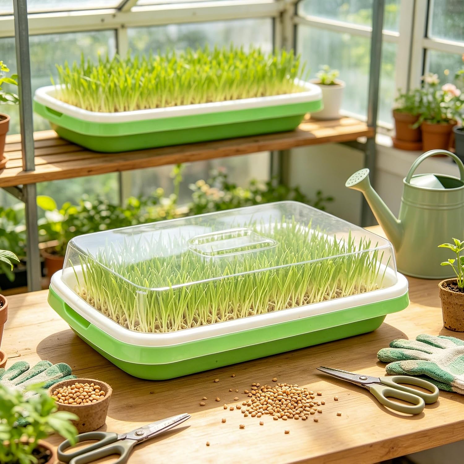 AKAZA 4 Pcs Green Seed Sprouter Trays with Lid Soil-Free Germination Trays | Nursery tray with planting paper;