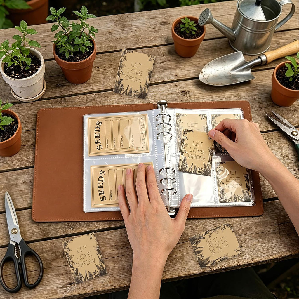 Seed Binder Organizer, 80 Resealable Envelopes 40 Sheets,Brown | Garden Seed Storage,3 Pocket Sizes,Labeled Kraft