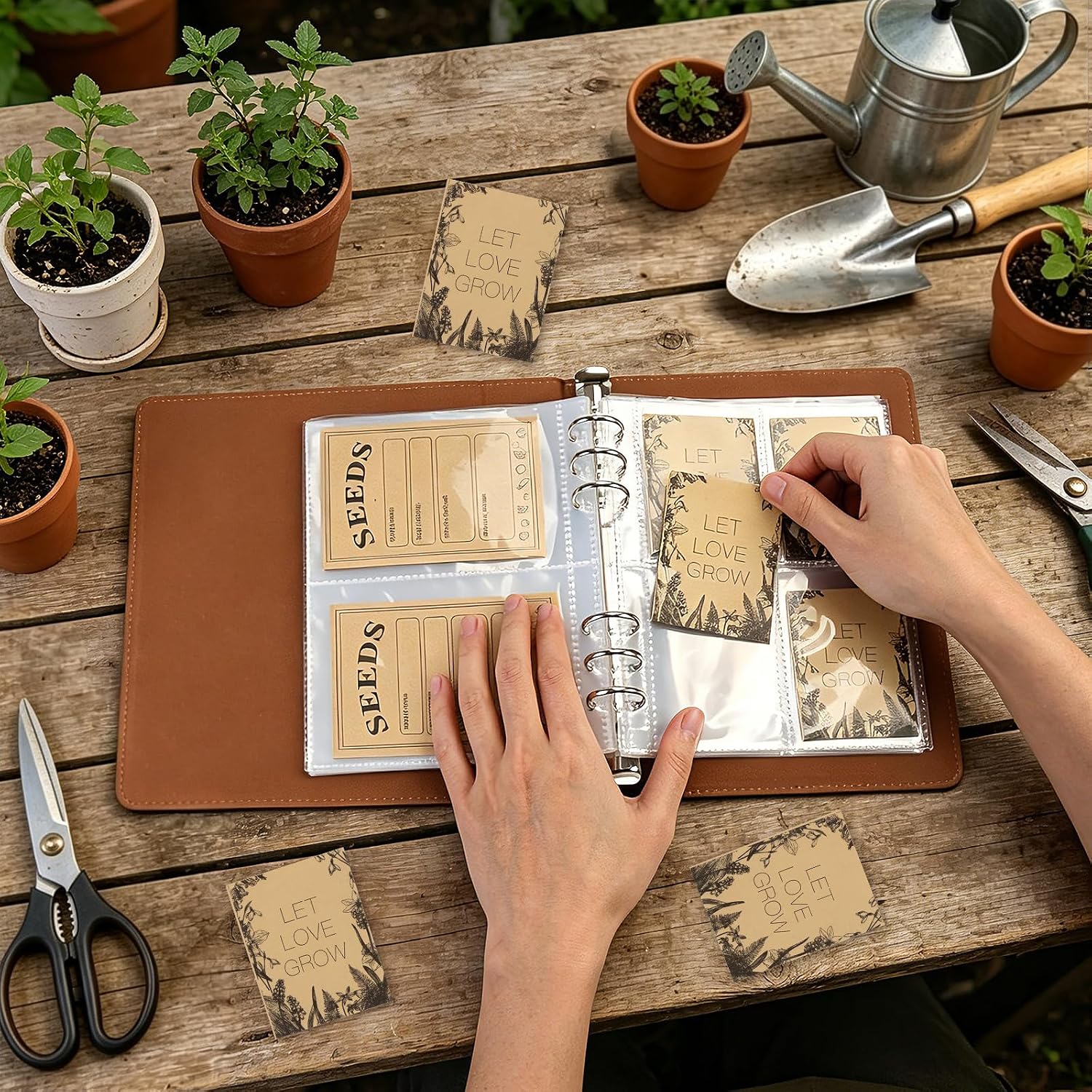 Seed Binder Organizer, 80 Resealable Envelopes 40 Sheets,Brown | Garden Seed Storage,3 Pocket Sizes,Labeled Kraft