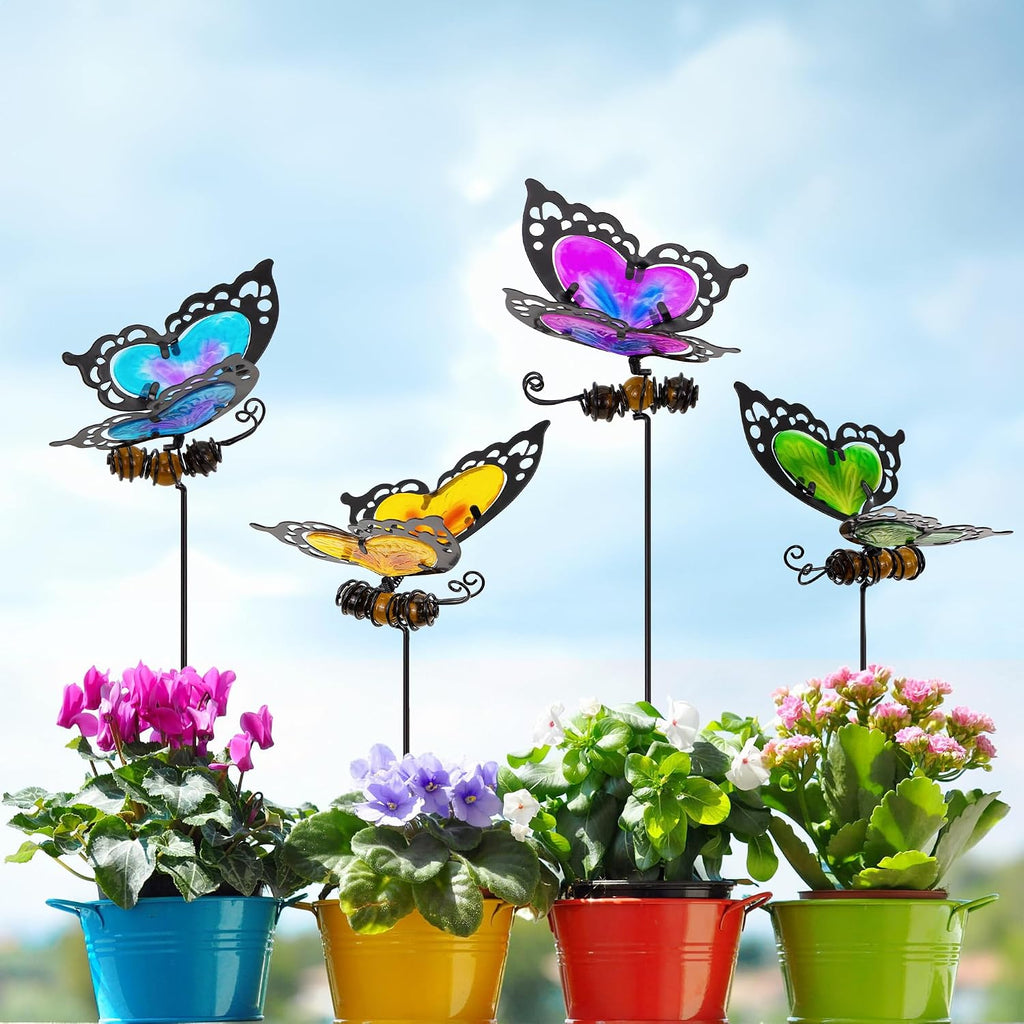 Butterfly Garden Stakes,Kit Made of Glass and Metal | Colorful Butterfly Garden Decorations Can Make the Garden Full of