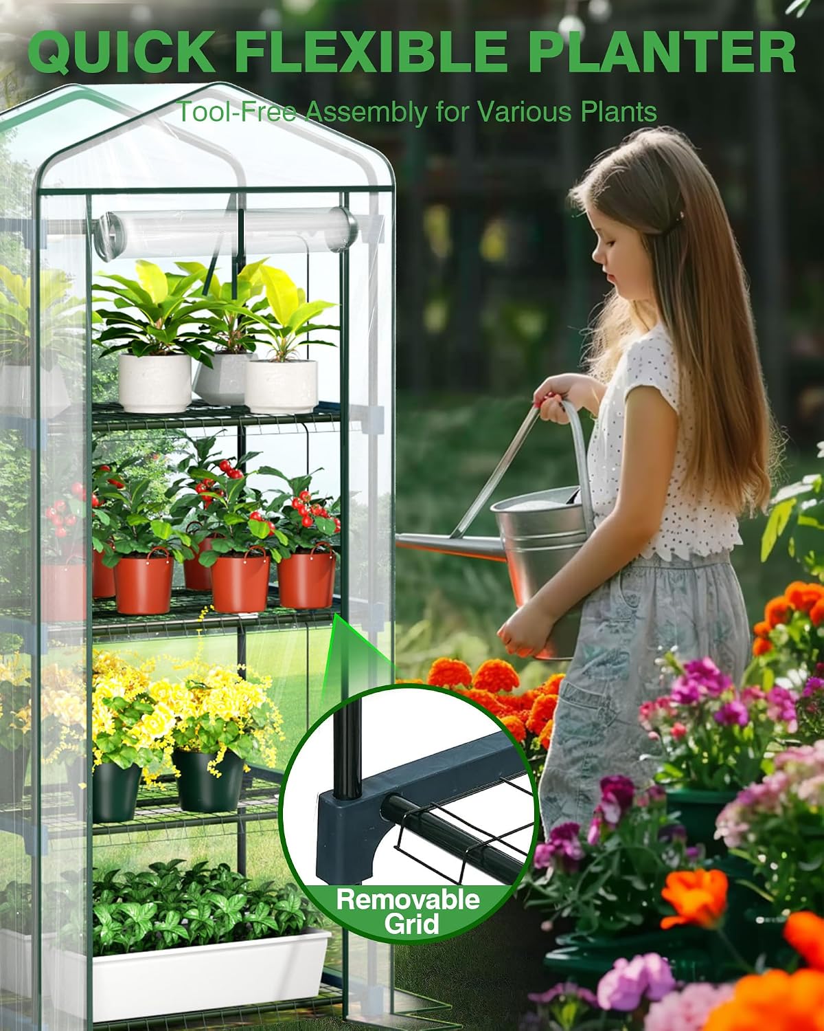 PYY Mini Indoor Greenhouse with Grow Light - Small Portable Outdoor Plant Green House Cabinet with Wheels, Thermometer