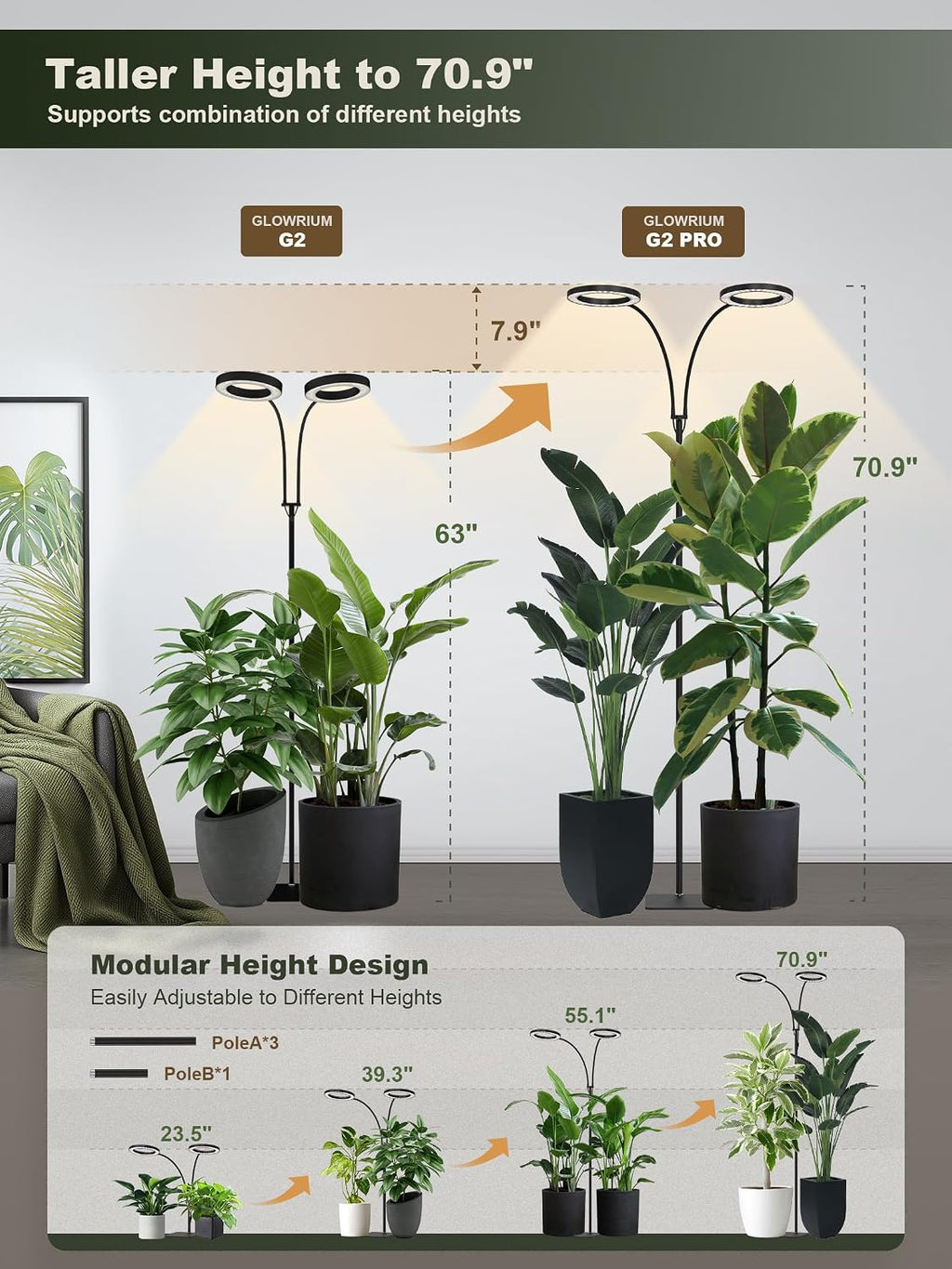 Tall Plant Grow Light for Indoor Plants, Full Spectrum Plant Light | 48W LED Grow Lamp with Dual Heads, 23.5-71"